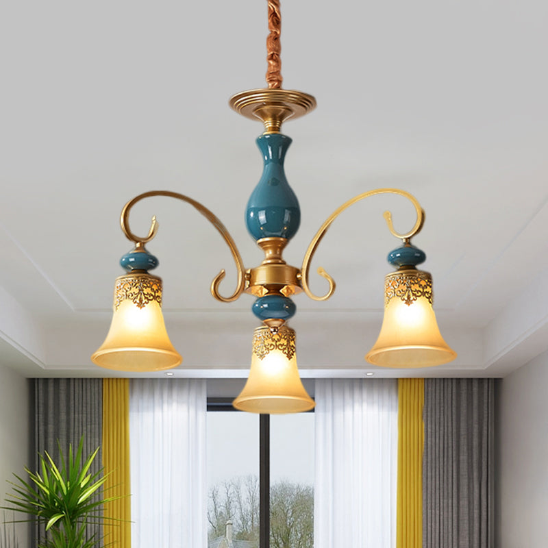 3/5/6-Bulb Suspension Pendant Light Countryside Swooping Arm Metal Chandelier in Brass with Bell Milk Glass Shade Clearhalo 'Ceiling Lights' 'Chandeliers' Lighting' options 1220586
