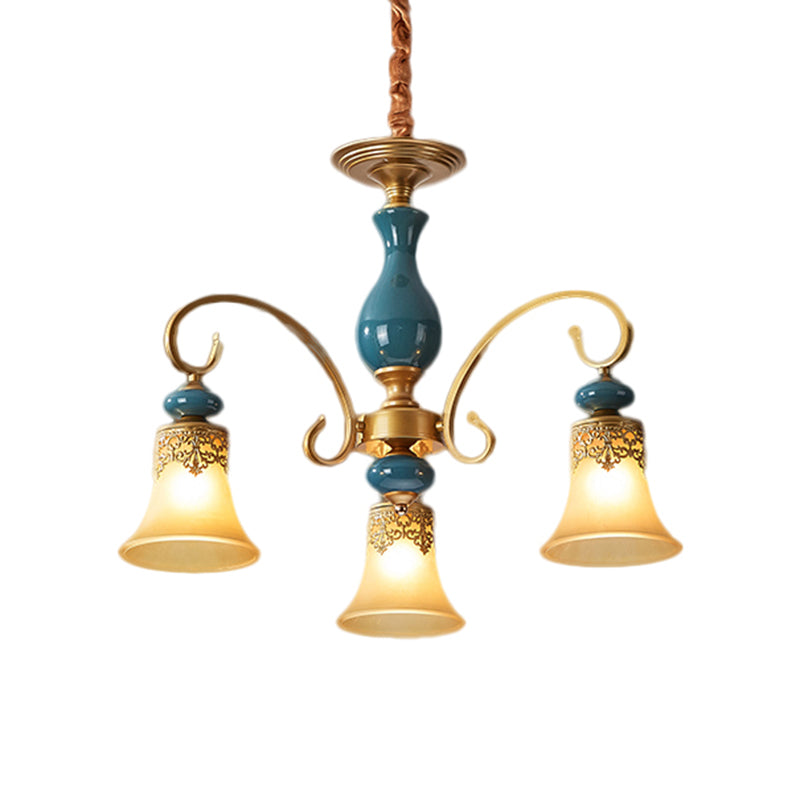 3/5/6-Bulb Suspension Pendant Light Countryside Swooping Arm Metal Chandelier in Brass with Bell Milk Glass Shade Clearhalo 'Ceiling Lights' 'Chandeliers' Lighting' options 1220587