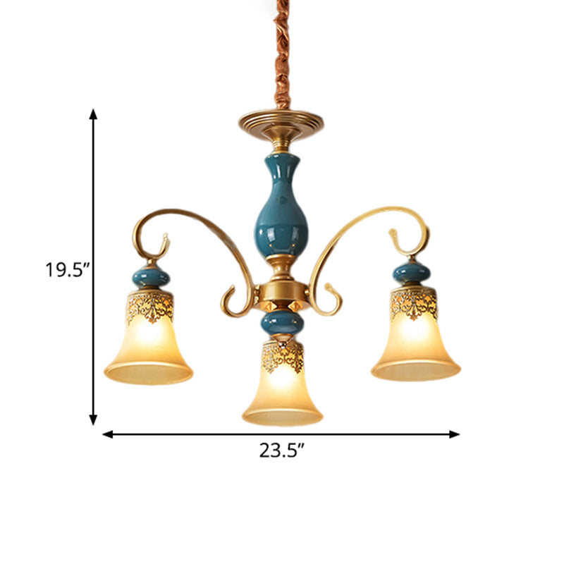 3/5/6-Bulb Suspension Pendant Light Countryside Swooping Arm Metal Chandelier in Brass with Bell Milk Glass Shade Clearhalo 'Ceiling Lights' 'Chandeliers' Lighting' options 1220588
