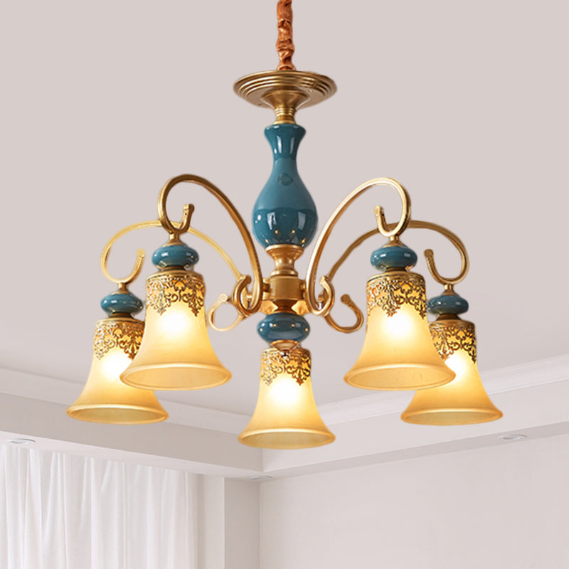 3/5/6-Bulb Suspension Pendant Light Countryside Swooping Arm Metal Chandelier in Brass with Bell Milk Glass Shade 5 Brass Clearhalo 'Ceiling Lights' 'Chandeliers' Lighting' options 1220589_9fcee376-1830-4468-9ce2-aed33e7cf612