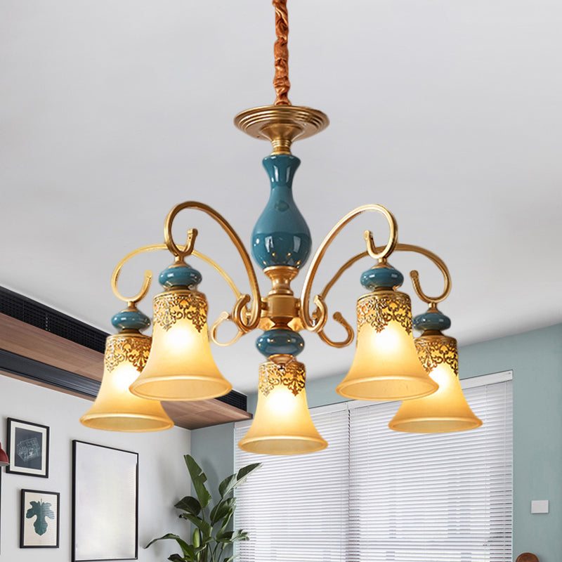 3/5/6-Bulb Suspension Pendant Light Countryside Swooping Arm Metal Chandelier in Brass with Bell Milk Glass Shade Clearhalo 'Ceiling Lights' 'Chandeliers' Lighting' options 1220590