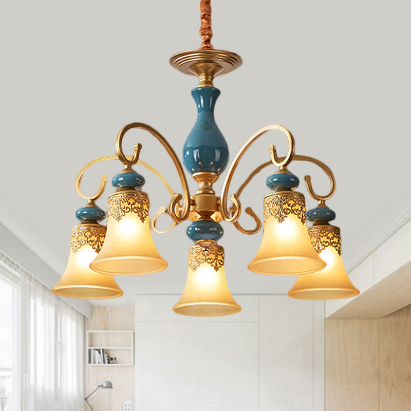 3/5/6-Bulb Suspension Pendant Light Countryside Swooping Arm Metal Chandelier in Brass with Bell Milk Glass Shade Clearhalo 'Ceiling Lights' 'Chandeliers' Lighting' options 1220591