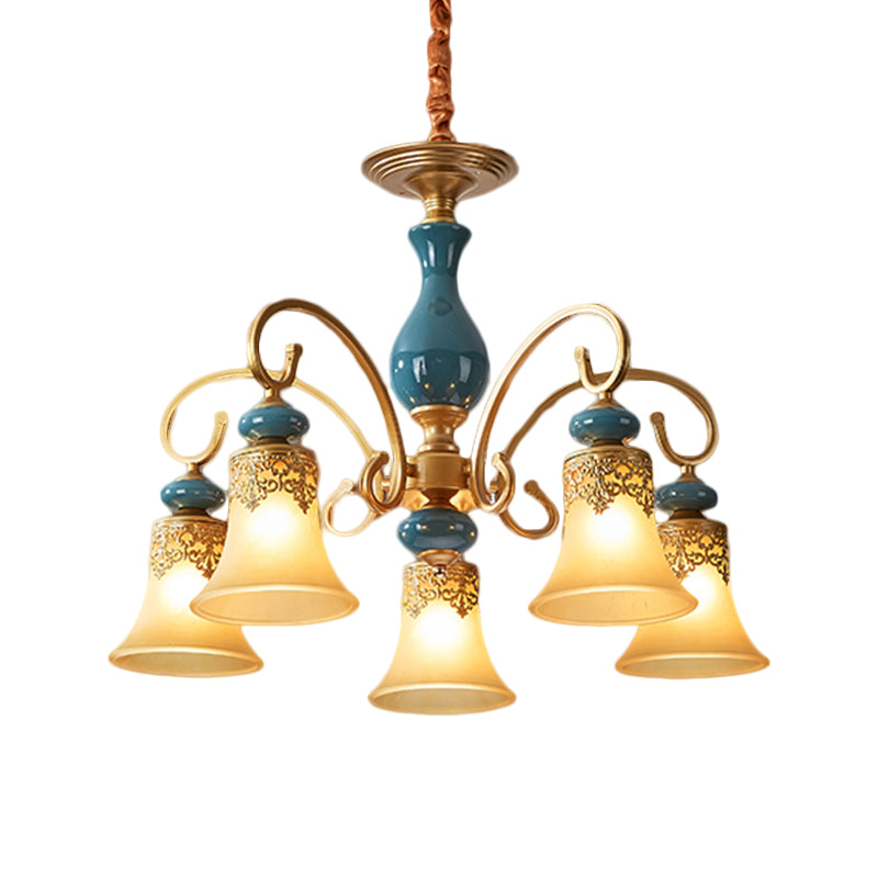 3/5/6-Bulb Suspension Pendant Light Countryside Swooping Arm Metal Chandelier in Brass with Bell Milk Glass Shade Clearhalo 'Ceiling Lights' 'Chandeliers' Lighting' options 1220592