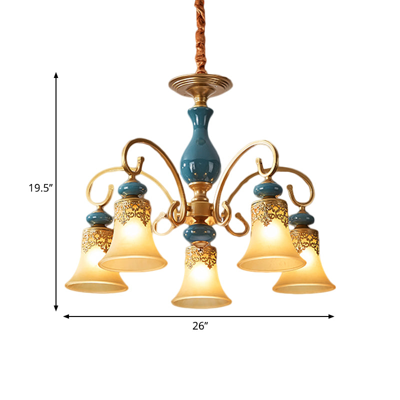 3/5/6-Bulb Suspension Pendant Light Countryside Swooping Arm Metal Chandelier in Brass with Bell Milk Glass Shade Clearhalo 'Ceiling Lights' 'Chandeliers' Lighting' options 1220593
