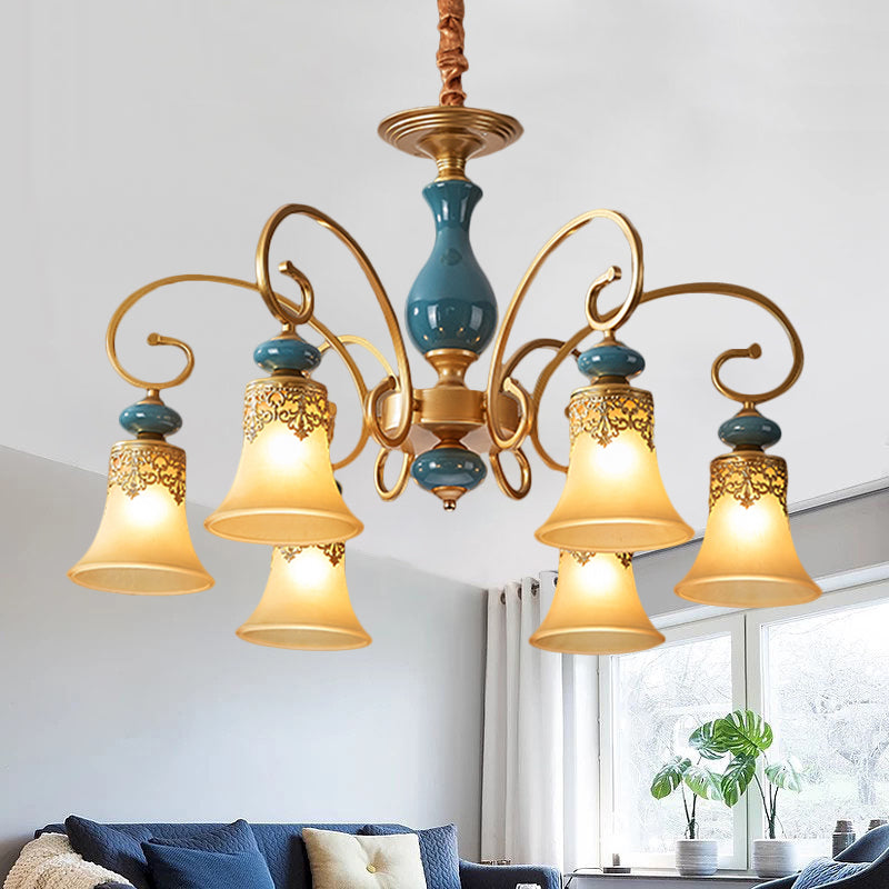 3/5/6-Bulb Suspension Pendant Light Countryside Swooping Arm Metal Chandelier in Brass with Bell Milk Glass Shade 6 Brass Clearhalo 'Ceiling Lights' 'Chandeliers' Lighting' options 1220594_54cedfd2-e9fc-4162-8a05-d8c652b804ad