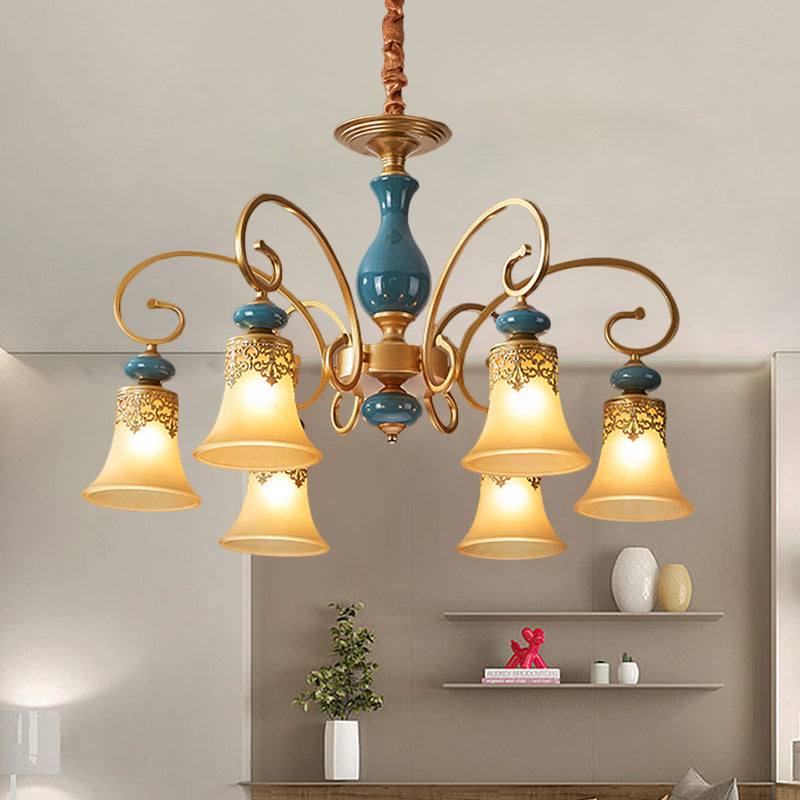 3/5/6-Bulb Suspension Pendant Light Countryside Swooping Arm Metal Chandelier in Brass with Bell Milk Glass Shade Clearhalo 'Ceiling Lights' 'Chandeliers' Lighting' options 1220595