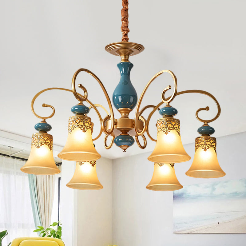 3/5/6-Bulb Suspension Pendant Light Countryside Swooping Arm Metal Chandelier in Brass with Bell Milk Glass Shade Clearhalo 'Ceiling Lights' 'Chandeliers' Lighting' options 1220596
