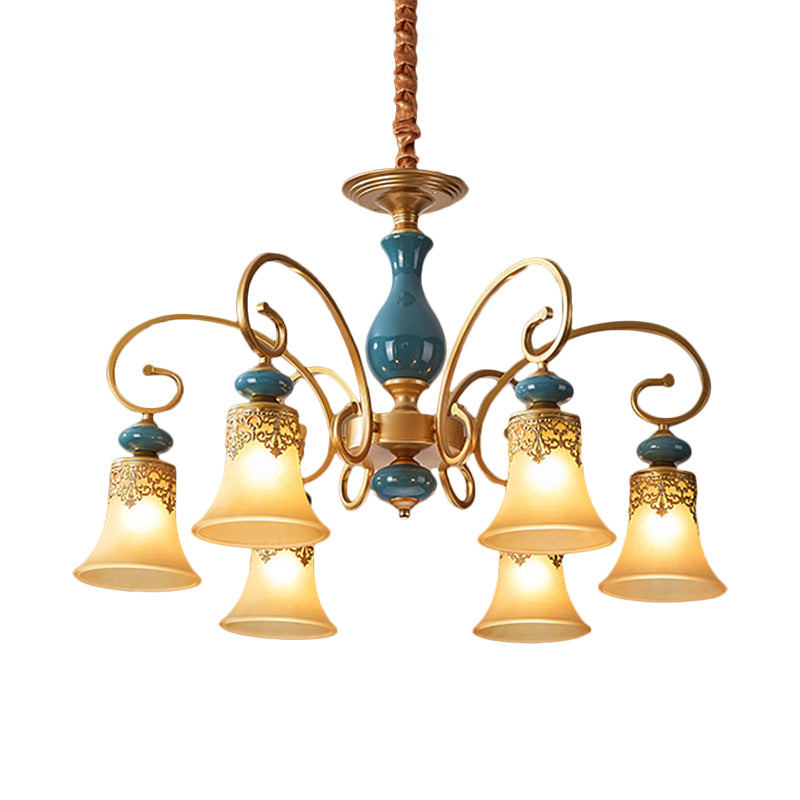 3/5/6-Bulb Suspension Pendant Light Countryside Swooping Arm Metal Chandelier in Brass with Bell Milk Glass Shade Clearhalo 'Ceiling Lights' 'Chandeliers' Lighting' options 1220597