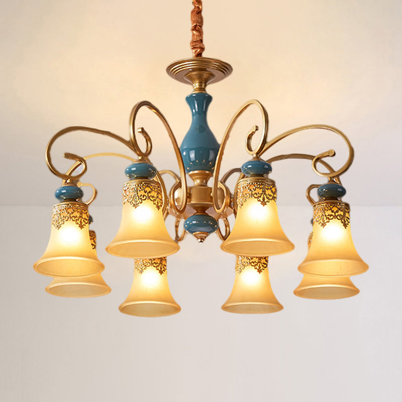 3/5/6-Bulb Suspension Pendant Light Countryside Swooping Arm Metal Chandelier in Brass with Bell Milk Glass Shade 8 Brass Clearhalo 'Ceiling Lights' 'Chandeliers' Lighting' options 1220599_0a2e3576-c62b-4be8-95fb-3c16f1029e93
