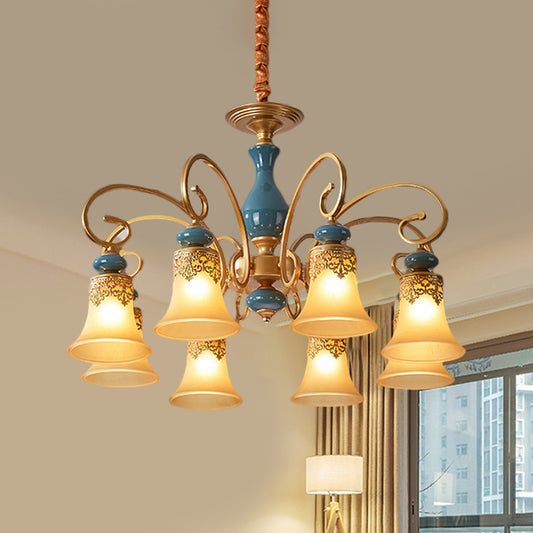 3/5/6-Bulb Suspension Pendant Light Countryside Swooping Arm Metal Chandelier in Brass with Bell Milk Glass Shade Clearhalo 'Ceiling Lights' 'Chandeliers' Lighting' options 1220600
