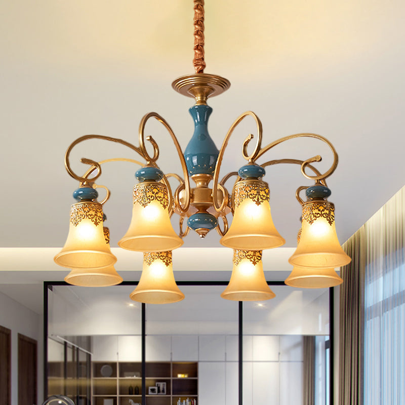 3/5/6-Bulb Suspension Pendant Light Countryside Swooping Arm Metal Chandelier in Brass with Bell Milk Glass Shade Clearhalo 'Ceiling Lights' 'Chandeliers' Lighting' options 1220601