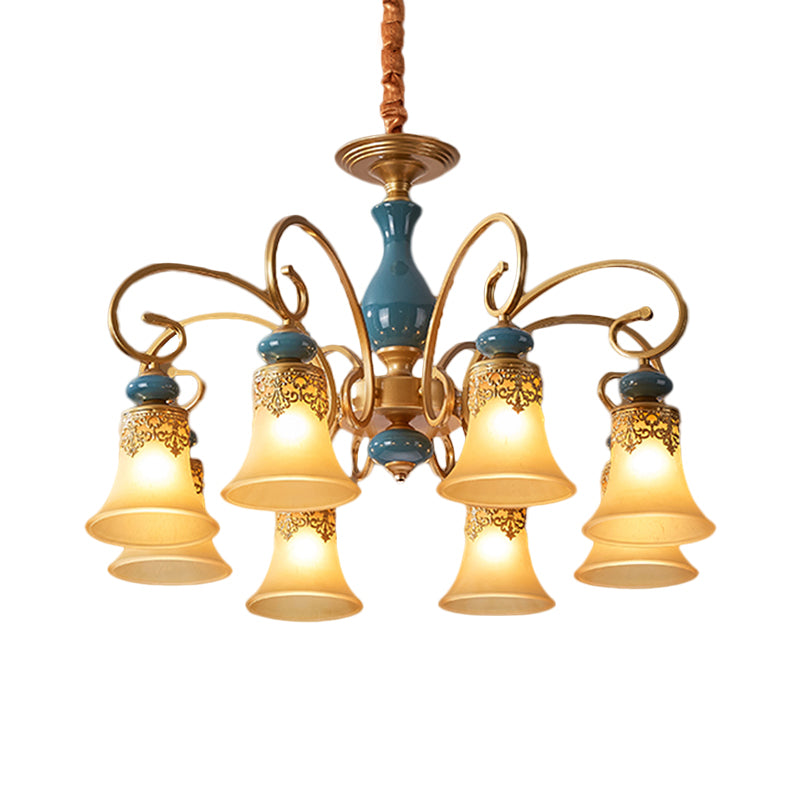 3/5/6-Bulb Suspension Pendant Light Countryside Swooping Arm Metal Chandelier in Brass with Bell Milk Glass Shade Clearhalo 'Ceiling Lights' 'Chandeliers' Lighting' options 1220602
