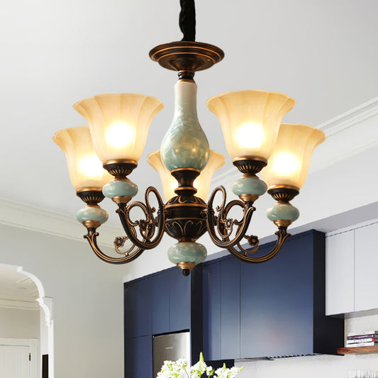 Black-Gold Curvy Armed Pendant Chandelier Rural Style Metallic 3/5/6 Lights Living Room Ceiling Light with Blossom Shade Clearhalo 'Ceiling Lights' 'Chandeliers' Lighting' options 1220610