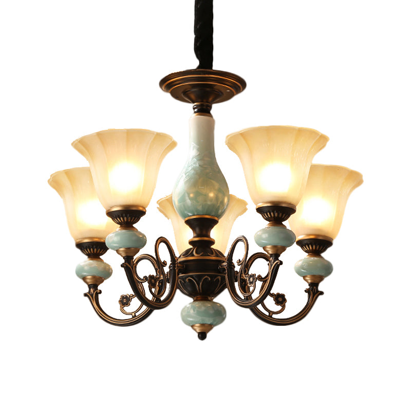 Black-Gold Curvy Armed Pendant Chandelier Rural Style Metallic 3/5/6 Lights Living Room Ceiling Light with Blossom Shade Clearhalo 'Ceiling Lights' 'Chandeliers' Lighting' options 1220611