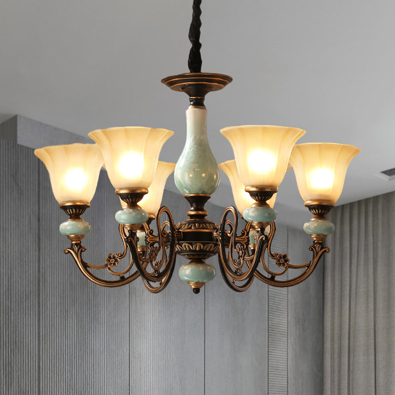 Black-Gold Curvy Armed Pendant Chandelier Rural Style Metallic 3/5/6 Lights Living Room Ceiling Light with Blossom Shade Clearhalo 'Ceiling Lights' 'Chandeliers' Lighting' options 1220614