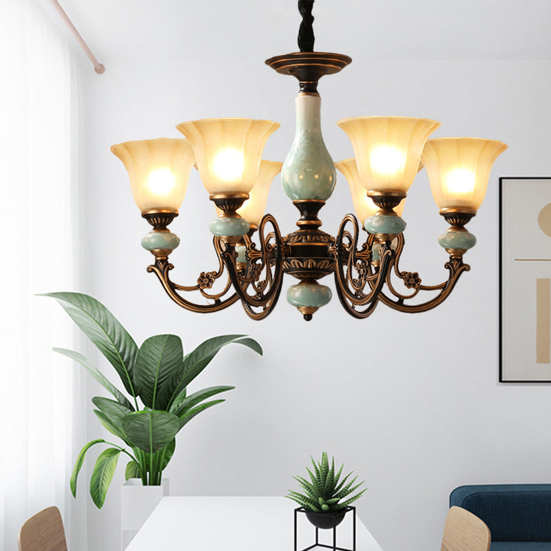 Black-Gold Curvy Armed Pendant Chandelier Rural Style Metallic 3/5/6 Lights Living Room Ceiling Light with Blossom Shade Clearhalo 'Ceiling Lights' 'Chandeliers' Lighting' options 1220615