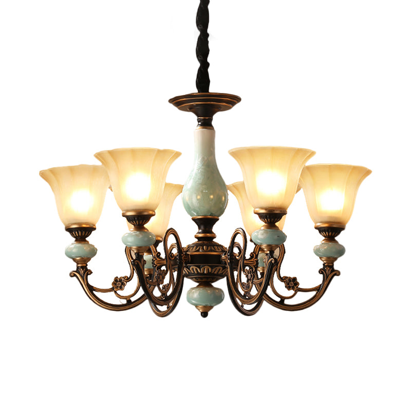 Black-Gold Curvy Armed Pendant Chandelier Rural Style Metallic 3/5/6 Lights Living Room Ceiling Light with Blossom Shade Clearhalo 'Ceiling Lights' 'Chandeliers' Lighting' options 1220616