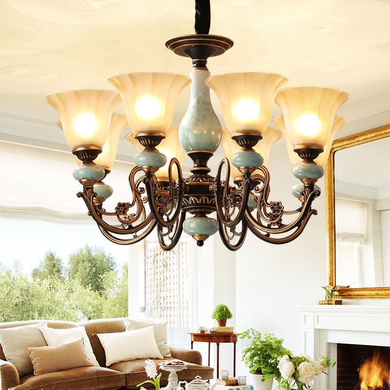 Black-Gold Curvy Armed Pendant Chandelier Rural Style Metallic 3/5/6 Lights Living Room Ceiling Light with Blossom Shade 8 Black-Gold Clearhalo 'Ceiling Lights' 'Chandeliers' Lighting' options 1220618_d86edd50-d0af-4460-8308-3a7b4ca694c3