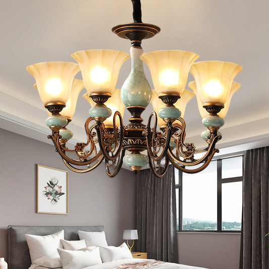 Black-Gold Curvy Armed Pendant Chandelier Rural Style Metallic 3/5/6 Lights Living Room Ceiling Light with Blossom Shade Clearhalo 'Ceiling Lights' 'Chandeliers' Lighting' options 1220619