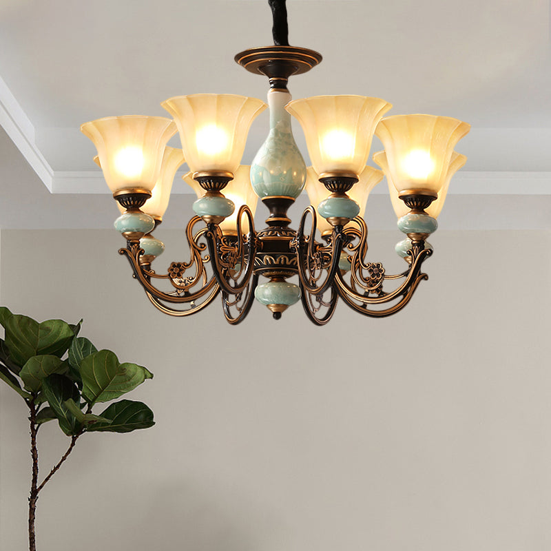 Black-Gold Curvy Armed Pendant Chandelier Rural Style Metallic 3/5/6 Lights Living Room Ceiling Light with Blossom Shade Clearhalo 'Ceiling Lights' 'Chandeliers' Lighting' options 1220620