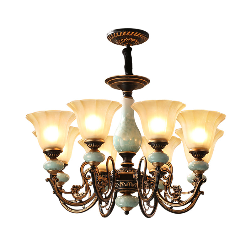 Black-Gold Curvy Armed Pendant Chandelier Rural Style Metallic 3/5/6 Lights Living Room Ceiling Light with Blossom Shade Clearhalo 'Ceiling Lights' 'Chandeliers' Lighting' options 1220621