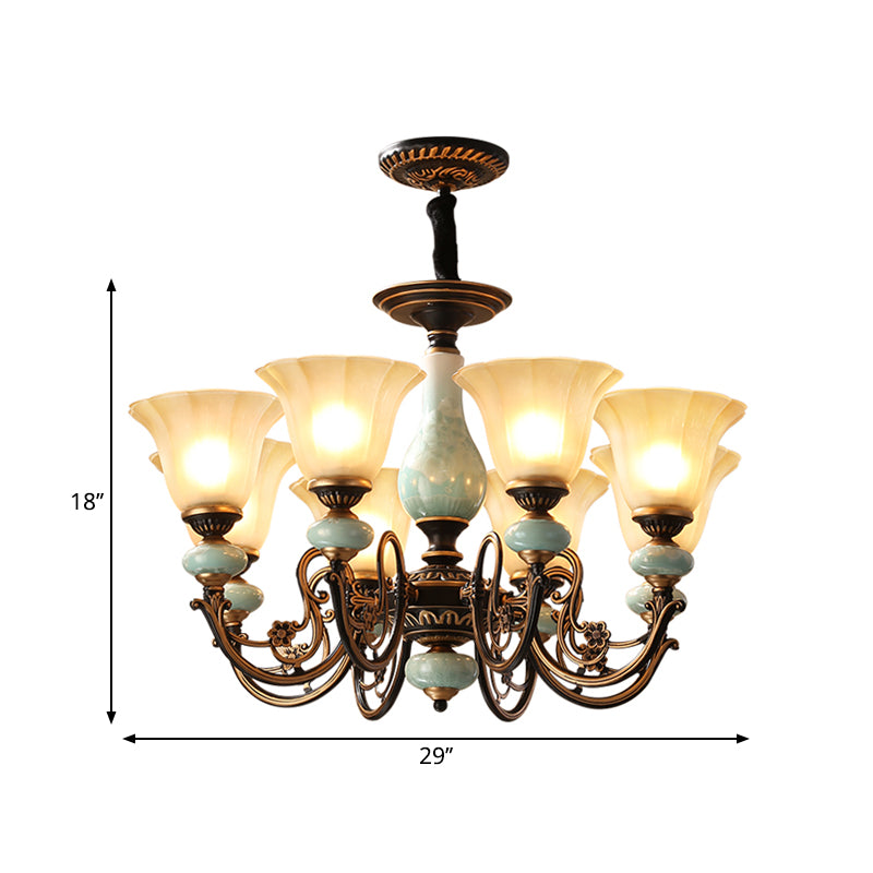 Black-Gold Curvy Armed Pendant Chandelier Rural Style Metallic 3/5/6 Lights Living Room Ceiling Light with Blossom Shade Clearhalo 'Ceiling Lights' 'Chandeliers' Lighting' options 1220622