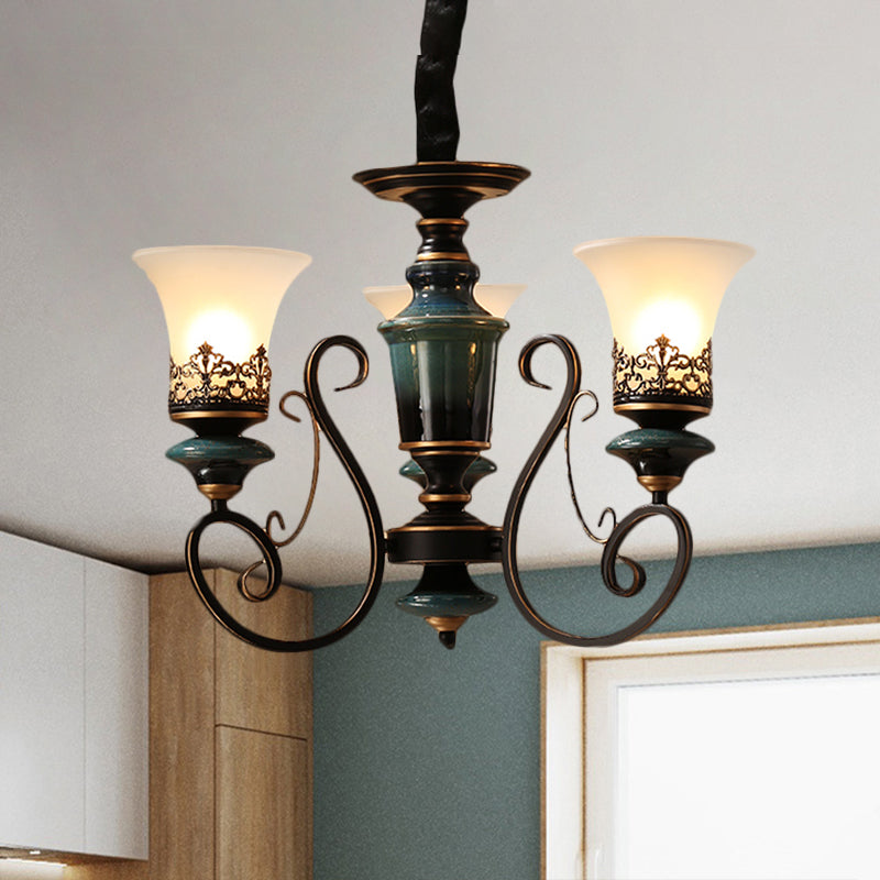 3/5/6-Bulb Chandelier Light Fixture with Bell Shade Opal Glass Rural Guest Room Suspension Pendant in Black-Gold 3 Black-Gold Clearhalo 'Ceiling Lights' 'Chandeliers' Lighting' options 1220623_f86b68c2-266f-4f6d-90d6-e296084e0318