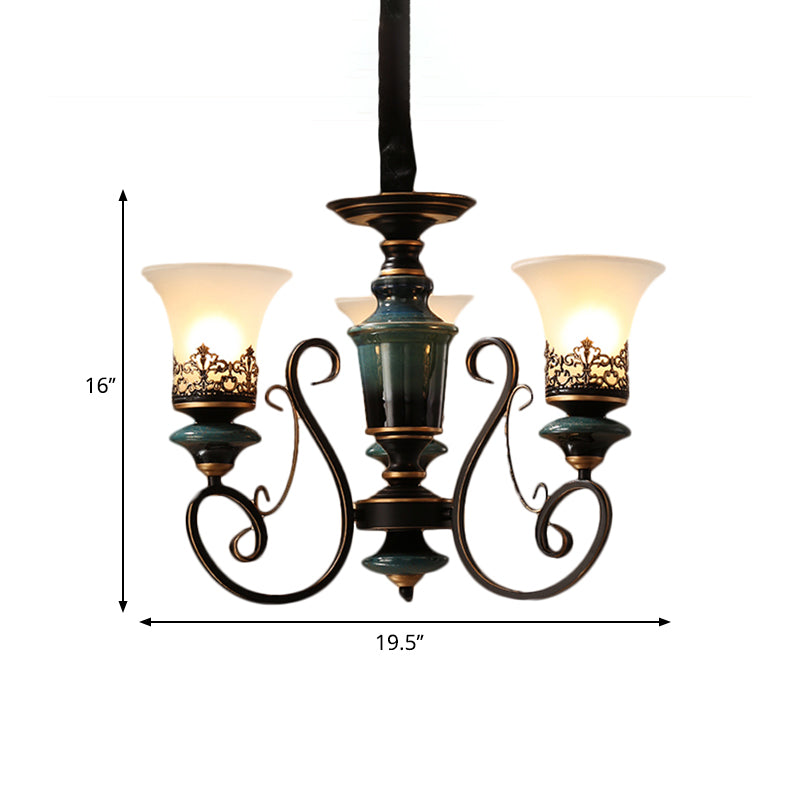 3/5/6-Bulb Chandelier Light Fixture with Bell Shade Opal Glass Rural Guest Room Suspension Pendant in Black-Gold Clearhalo 'Ceiling Lights' 'Chandeliers' Lighting' options 1220626