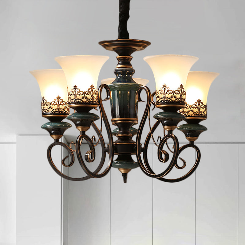3/5/6-Bulb Chandelier Light Fixture with Bell Shade Opal Glass Rural Guest Room Suspension Pendant in Black-Gold Clearhalo 'Ceiling Lights' 'Chandeliers' Lighting' options 1220628