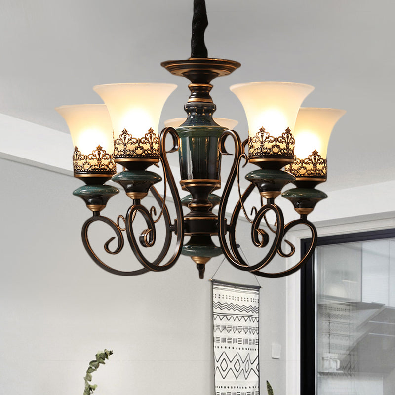 3/5/6-Bulb Chandelier Light Fixture with Bell Shade Opal Glass Rural Guest Room Suspension Pendant in Black-Gold Clearhalo 'Ceiling Lights' 'Chandeliers' Lighting' options 1220629