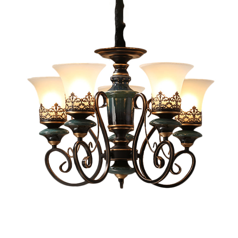3/5/6-Bulb Chandelier Light Fixture with Bell Shade Opal Glass Rural Guest Room Suspension Pendant in Black-Gold Clearhalo 'Ceiling Lights' 'Chandeliers' Lighting' options 1220630
