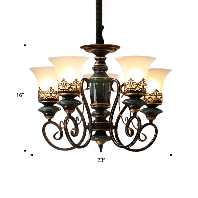 3/5/6-Bulb Chandelier Light Fixture with Bell Shade Opal Glass Rural Guest Room Suspension Pendant in Black-Gold Clearhalo 'Ceiling Lights' 'Chandeliers' Lighting' options 1220631