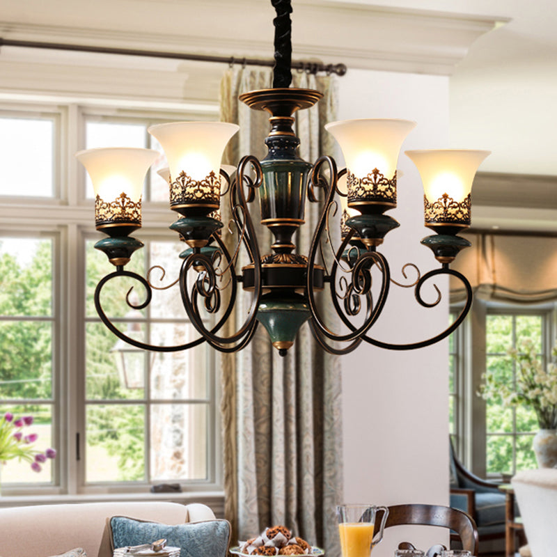 3/5/6-Bulb Chandelier Light Fixture with Bell Shade Opal Glass Rural Guest Room Suspension Pendant in Black-Gold 6 Black-Gold Clearhalo 'Ceiling Lights' 'Chandeliers' Lighting' options 1220632_b0a23683-8793-40ac-b91d-941934a3ebfd
