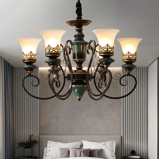 3/5/6-Bulb Chandelier Light Fixture with Bell Shade Opal Glass Rural Guest Room Suspension Pendant in Black-Gold Clearhalo 'Ceiling Lights' 'Chandeliers' Lighting' options 1220633