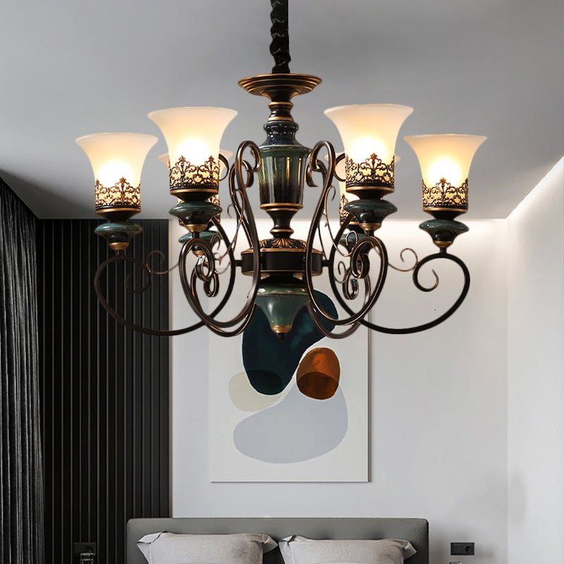 3/5/6-Bulb Chandelier Light Fixture with Bell Shade Opal Glass Rural Guest Room Suspension Pendant in Black-Gold Clearhalo 'Ceiling Lights' 'Chandeliers' Lighting' options 1220634