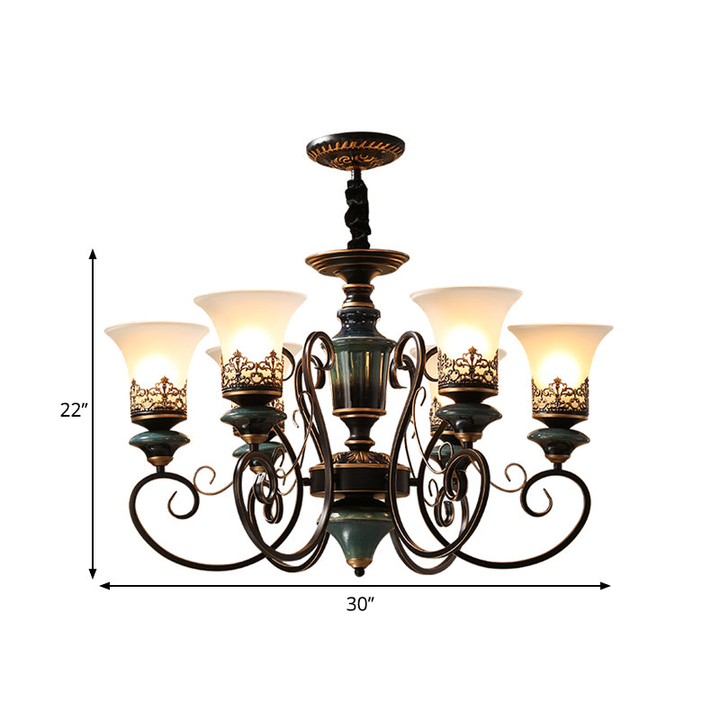 3/5/6-Bulb Chandelier Light Fixture with Bell Shade Opal Glass Rural Guest Room Suspension Pendant in Black-Gold Clearhalo 'Ceiling Lights' 'Chandeliers' Lighting' options 1220636