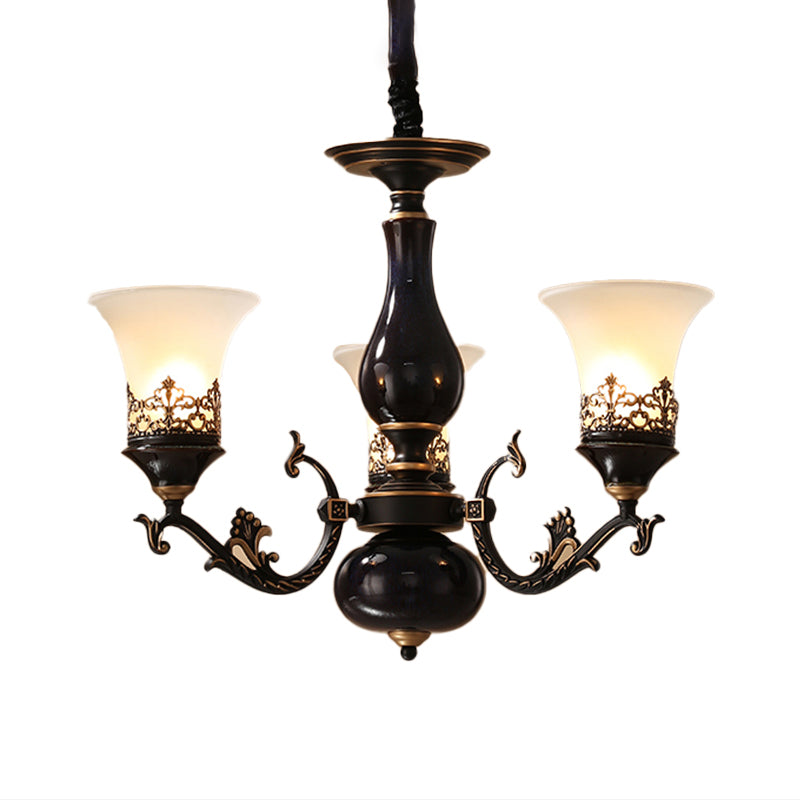 Black Bell Shaped Ceiling Suspension Lamp Countryside Frosted Glass 3/5/6 Heads Living Room Chandelier Lighting Clearhalo 'Ceiling Lights' 'Chandeliers' Lighting' options 1220639