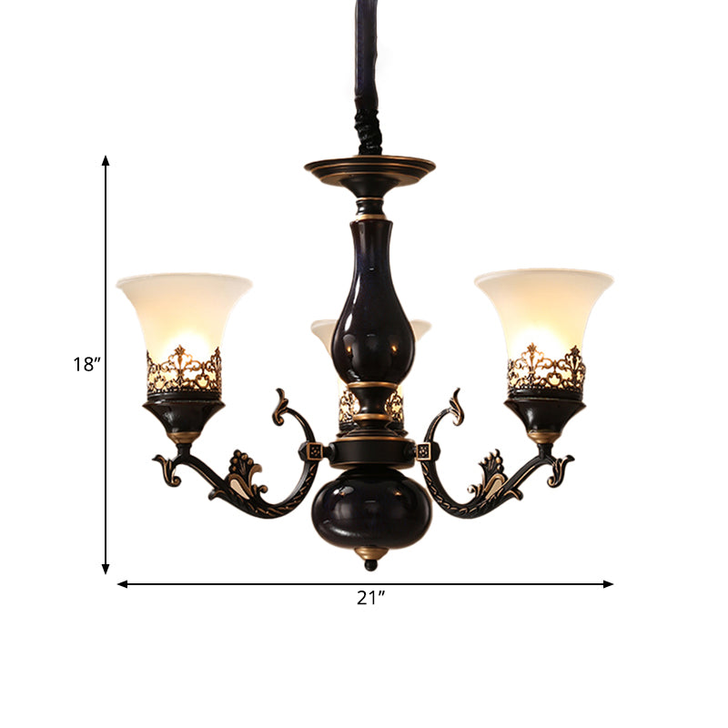 Black Bell Shaped Ceiling Suspension Lamp Countryside Frosted Glass 3/5/6 Heads Living Room Chandelier Lighting Clearhalo 'Ceiling Lights' 'Chandeliers' Lighting' options 1220640