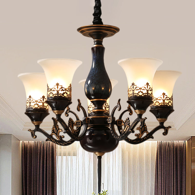 Black Bell Shaped Ceiling Suspension Lamp Countryside Frosted Glass 3/5/6 Heads Living Room Chandelier Lighting Clearhalo 'Ceiling Lights' 'Chandeliers' Lighting' options 1220642