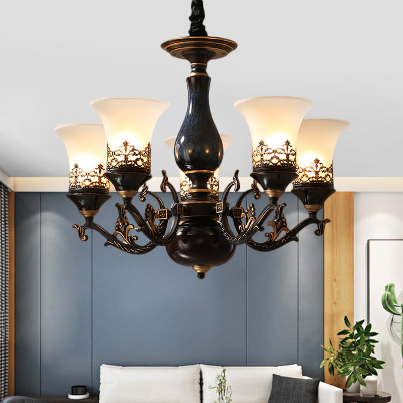 Black Bell Shaped Ceiling Suspension Lamp Countryside Frosted Glass 3/5/6 Heads Living Room Chandelier Lighting Clearhalo 'Ceiling Lights' 'Chandeliers' Lighting' options 1220643