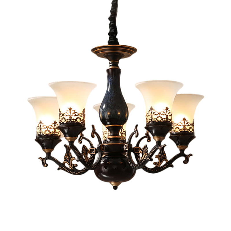 Black Bell Shaped Ceiling Suspension Lamp Countryside Frosted Glass 3/5/6 Heads Living Room Chandelier Lighting Clearhalo 'Ceiling Lights' 'Chandeliers' Lighting' options 1220644