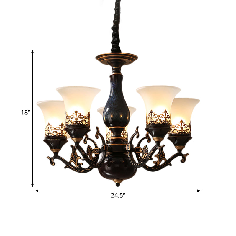 Black Bell Shaped Ceiling Suspension Lamp Countryside Frosted Glass 3/5/6 Heads Living Room Chandelier Lighting Clearhalo 'Ceiling Lights' 'Chandeliers' Lighting' options 1220645