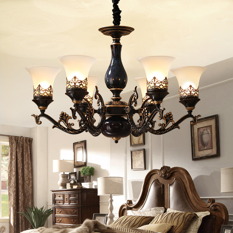 Black Bell Shaped Ceiling Suspension Lamp Countryside Frosted Glass 3/5/6 Heads Living Room Chandelier Lighting 6 Black Clearhalo 'Ceiling Lights' 'Chandeliers' Lighting' options 1220646_520711ff-677e-49b8-857d-ef899048d92f
