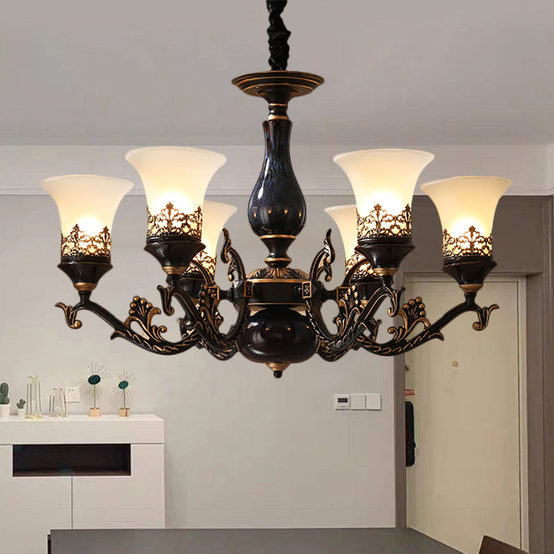 Black Bell Shaped Ceiling Suspension Lamp Countryside Frosted Glass 3/5/6 Heads Living Room Chandelier Lighting Clearhalo 'Ceiling Lights' 'Chandeliers' Lighting' options 1220647