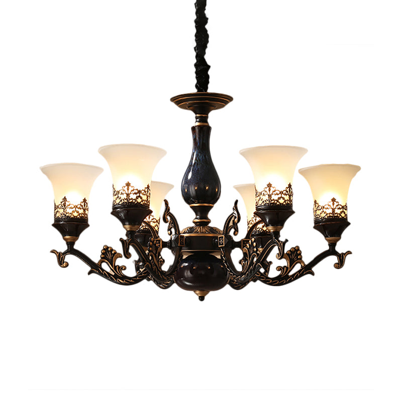 Black Bell Shaped Ceiling Suspension Lamp Countryside Frosted Glass 3/5/6 Heads Living Room Chandelier Lighting Clearhalo 'Ceiling Lights' 'Chandeliers' Lighting' options 1220649