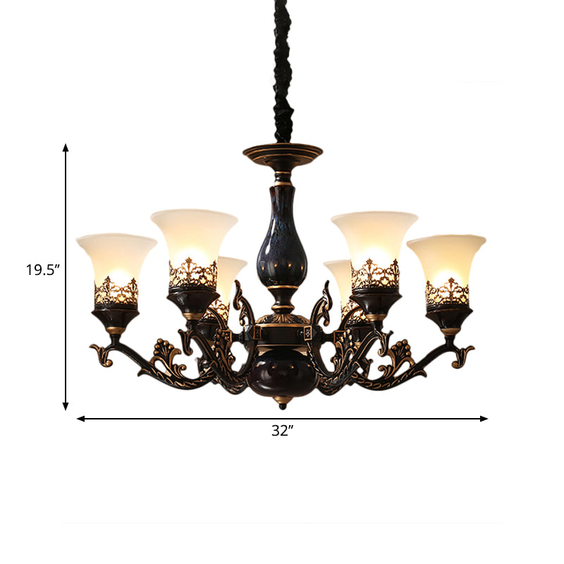 Black Bell Shaped Ceiling Suspension Lamp Countryside Frosted Glass 3/5/6 Heads Living Room Chandelier Lighting Clearhalo 'Ceiling Lights' 'Chandeliers' Lighting' options 1220650