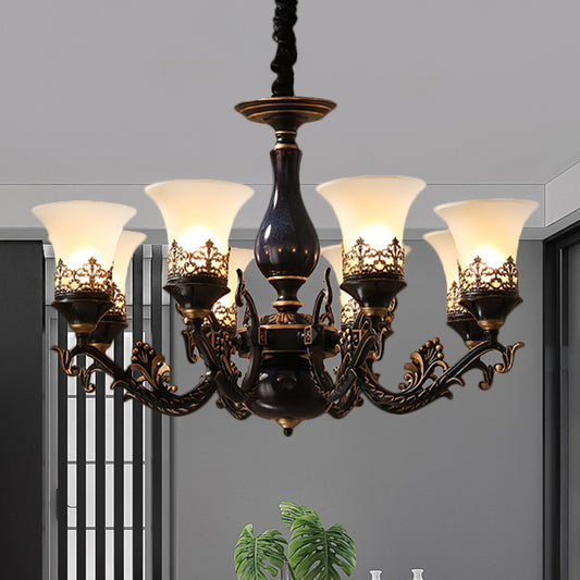 Black Bell Shaped Ceiling Suspension Lamp Countryside Frosted Glass 3/5/6 Heads Living Room Chandelier Lighting Clearhalo 'Ceiling Lights' 'Chandeliers' Lighting' options 1220652