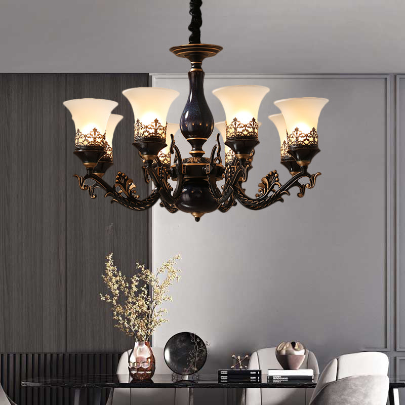 Black Bell Shaped Ceiling Suspension Lamp Countryside Frosted Glass 3/5/6 Heads Living Room Chandelier Lighting Clearhalo 'Ceiling Lights' 'Chandeliers' Lighting' options 1220653