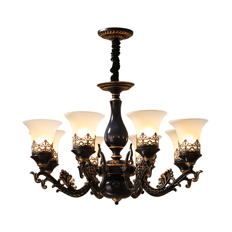 Black Bell Shaped Ceiling Suspension Lamp Countryside Frosted Glass 3/5/6 Heads Living Room Chandelier Lighting Clearhalo 'Ceiling Lights' 'Chandeliers' Lighting' options 1220654