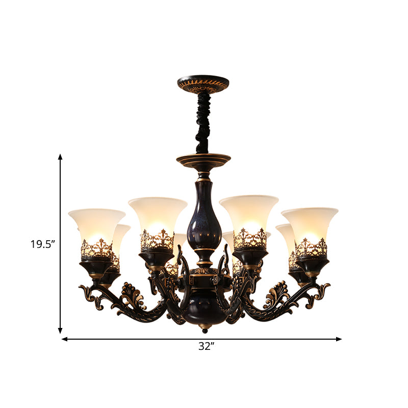 Black Bell Shaped Ceiling Suspension Lamp Countryside Frosted Glass 3/5/6 Heads Living Room Chandelier Lighting Clearhalo 'Ceiling Lights' 'Chandeliers' Lighting' options 1220655